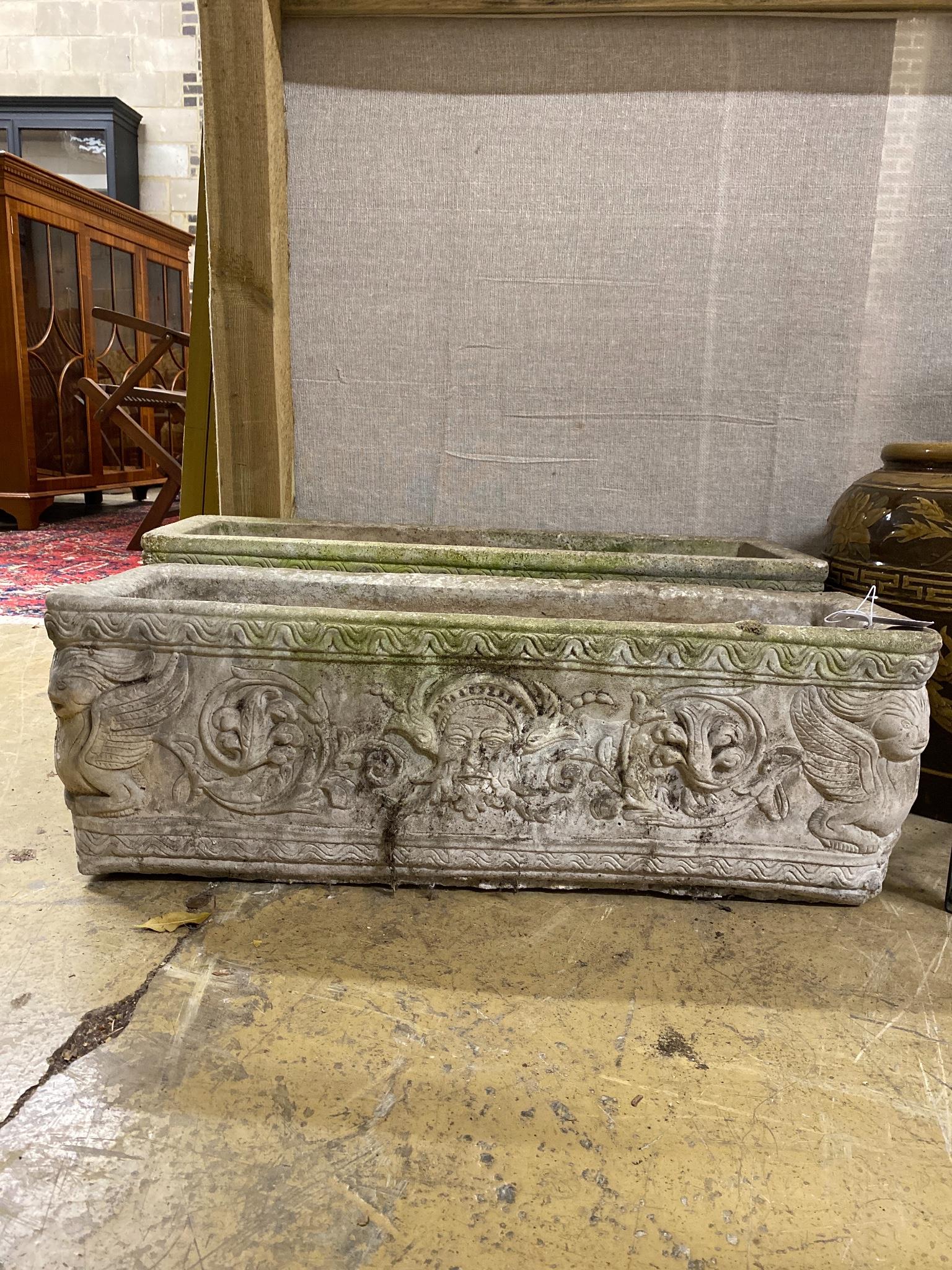 A pair of reconstituted stone garden troughs, width 74cm